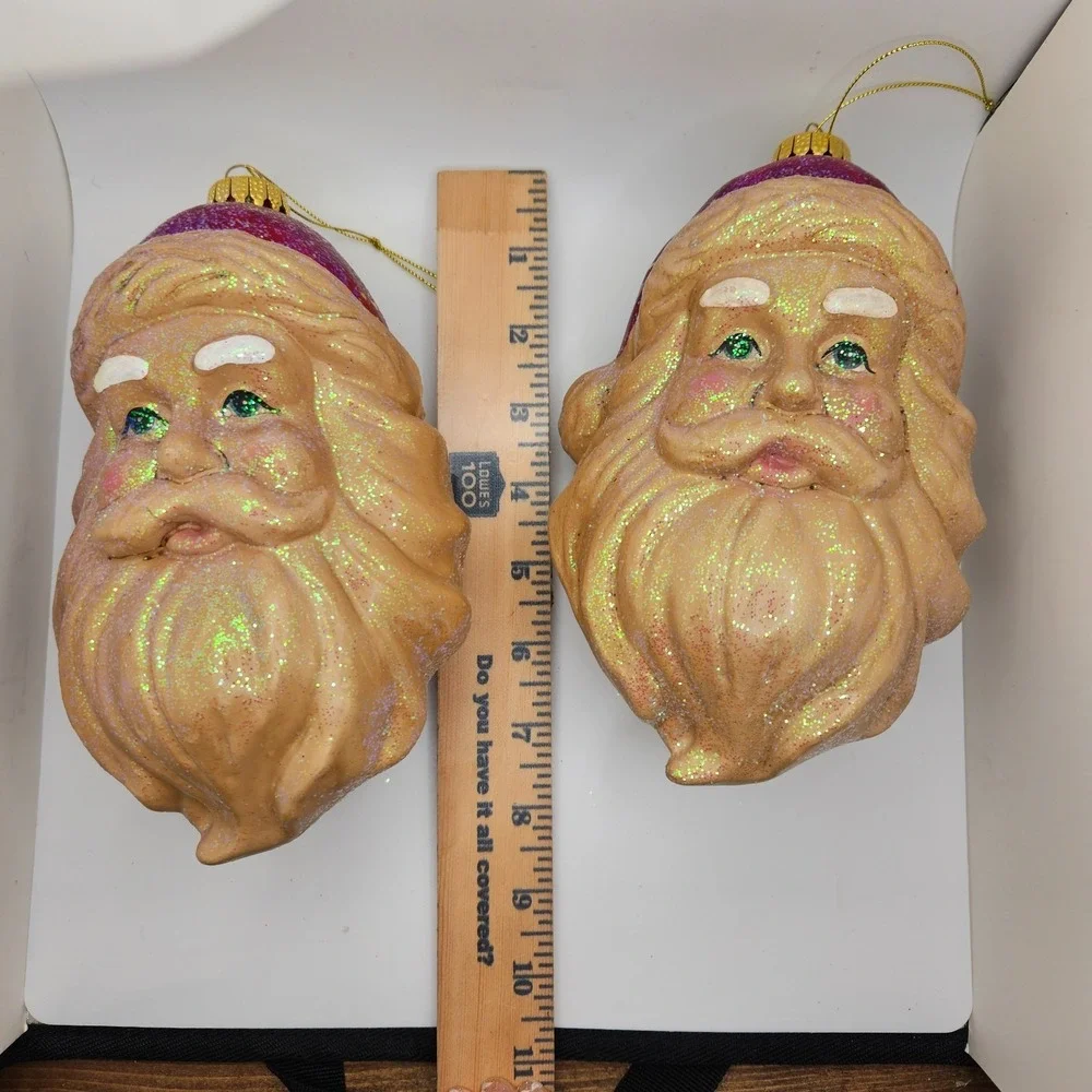Vintage Santa Head Christmas Ornaments‎ Pair Glittered Mid Century Holiday Decor